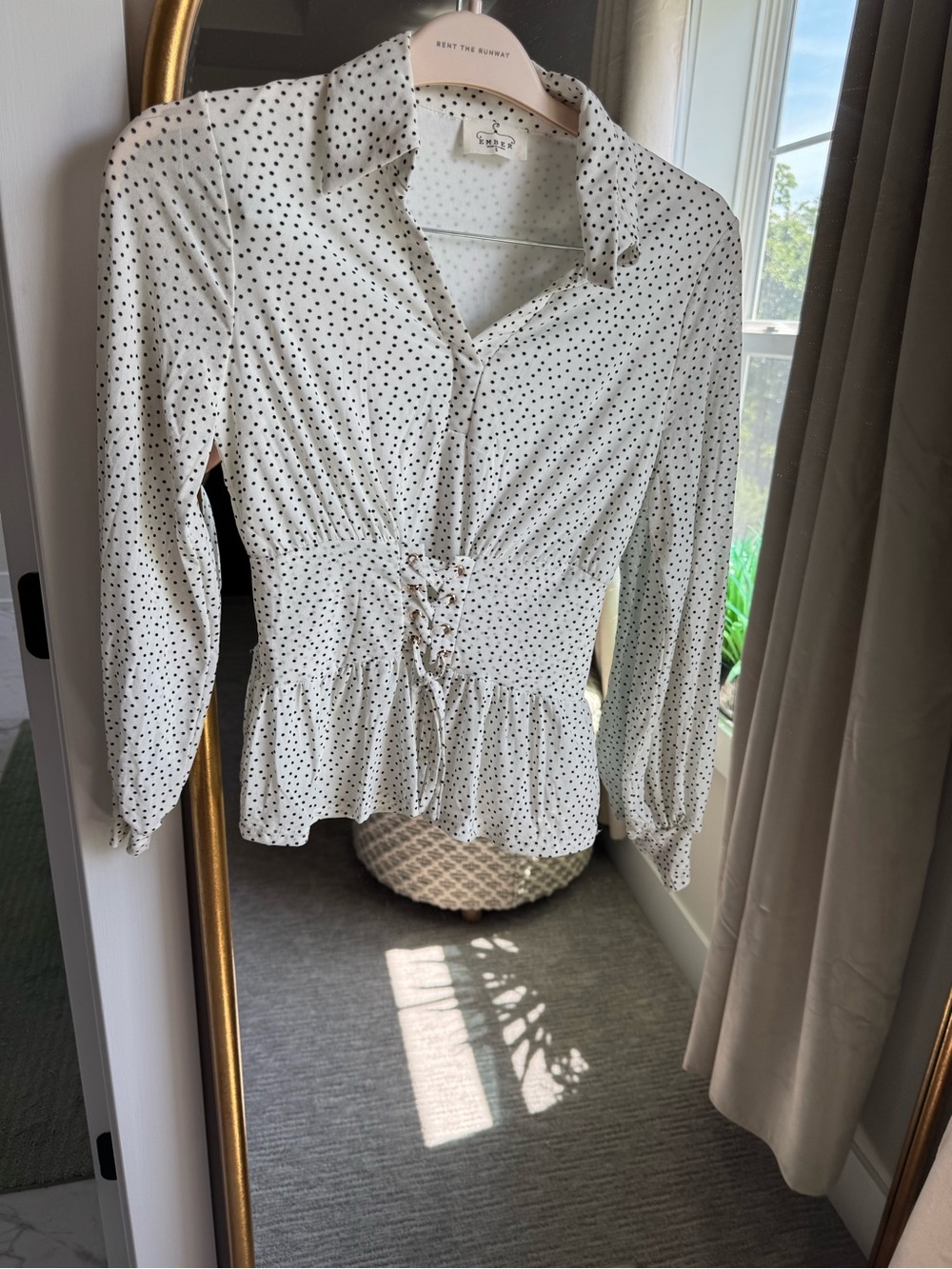 Renee C. White Polka Dot Lace-Up Peplum Blouse